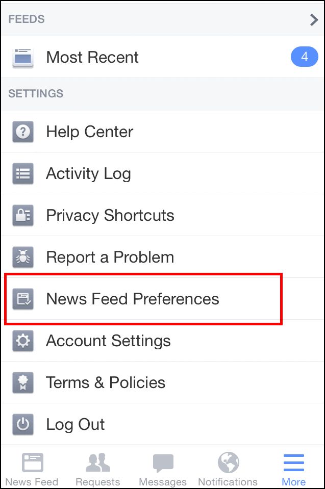 Список опций News Feed Preferences