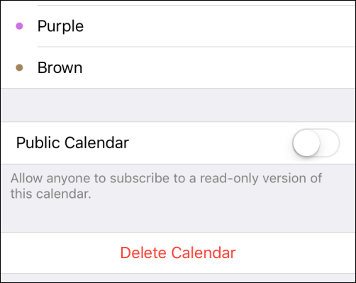Скриншот: опции цвета и публичности календаря на iPhone