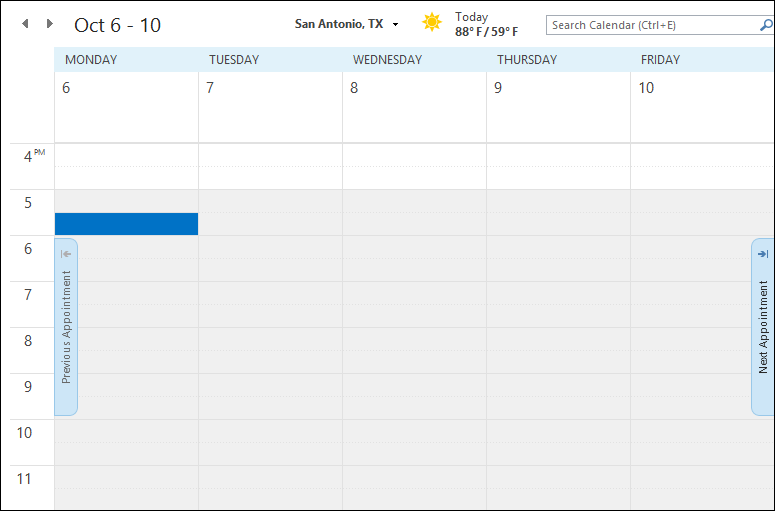 Рабочая неделя в представлении Outlook 2013: погодный блок, поле поиска и навигация по неделям