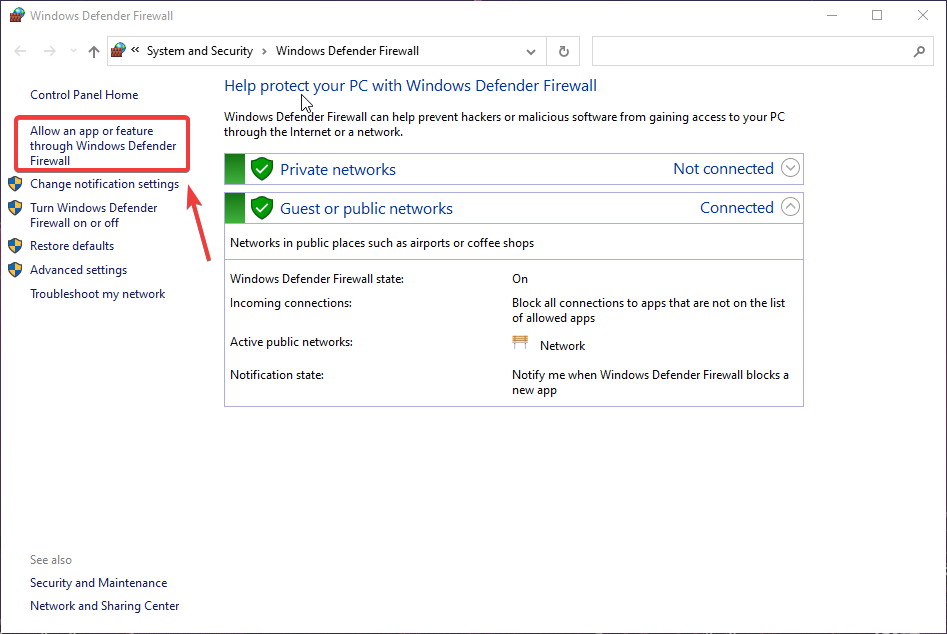 Параметр 'Разрешить приложение или компонент через Брандмауэр Windows Defender'