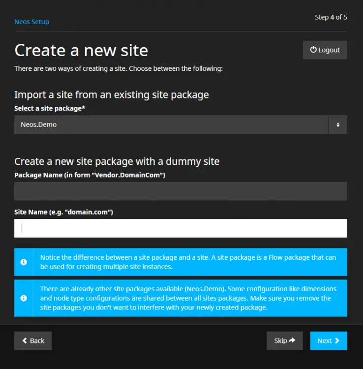 Выбор создания сайта Neos
