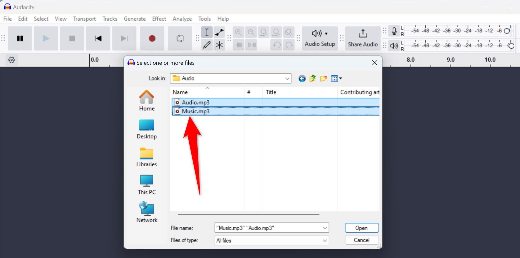 Audio files highlighted on a window in Audacity.