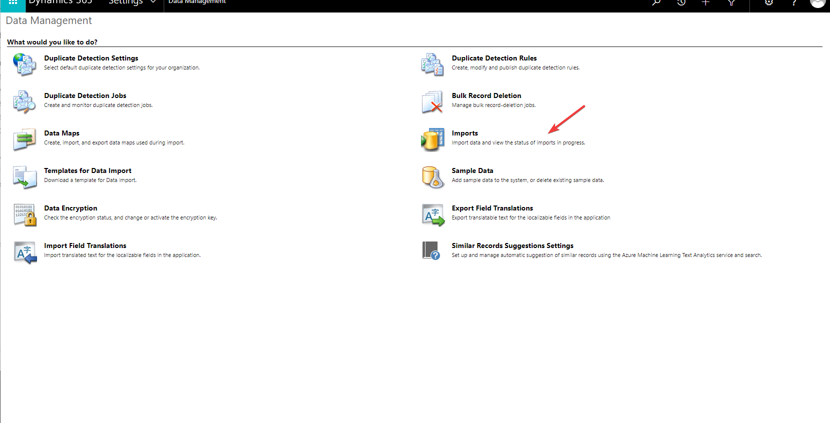 Опция «Импорты» в Dynamics 365