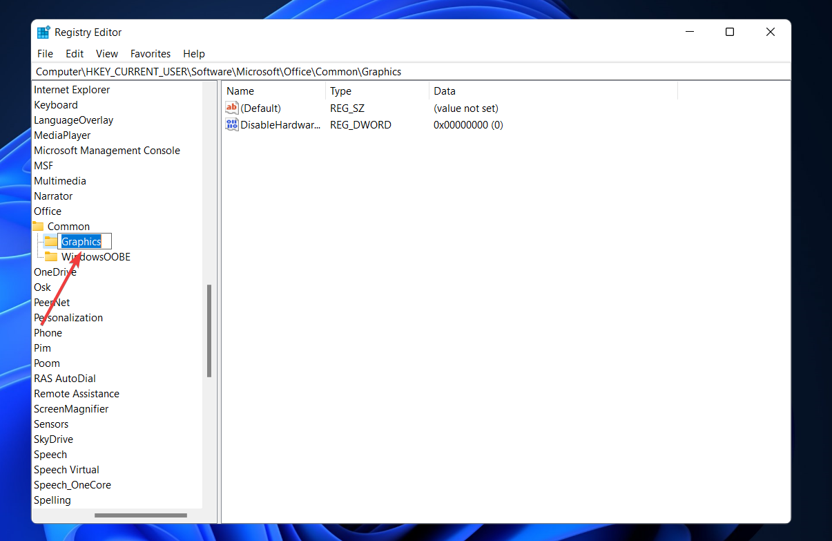Создание ключа Graphics в реестре