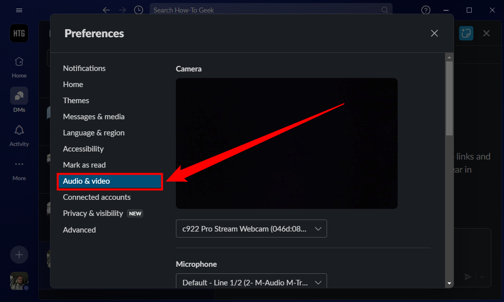 Настройки аудио и видео в Slack, предпросмотр камеры