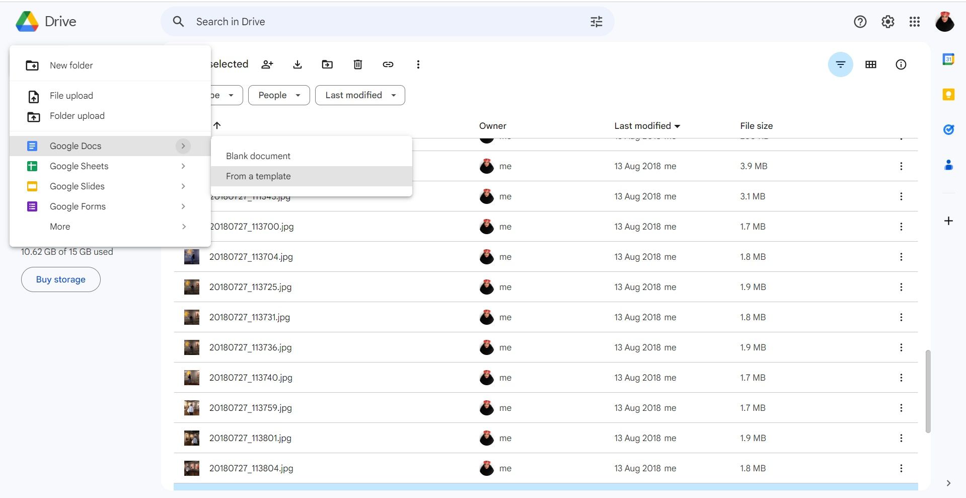 Выбор пункта «Из шаблона» в Google Drive