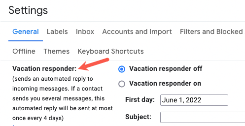 Параметры автоответчика в настройках Gmail