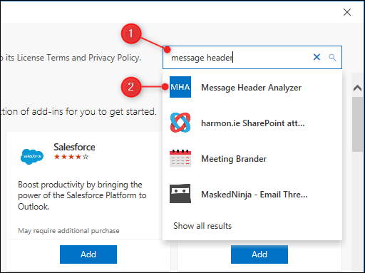 Поле поиска надстроек Outlook с результатом «Message Header Analyzer».