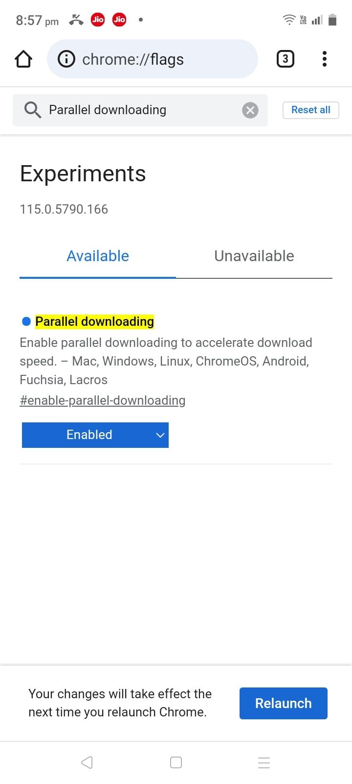 Кнопка Relaunch в Chrome Android
