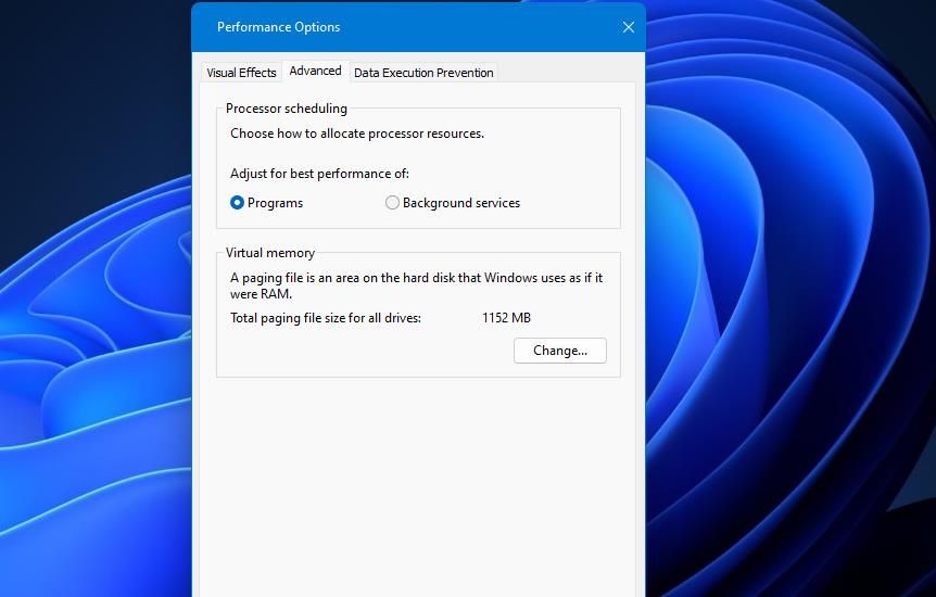 Кнопка Изменить окна Виртуальная память
