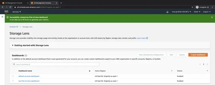 Созданный дашборд S3 Storage Lens со статусом enabled