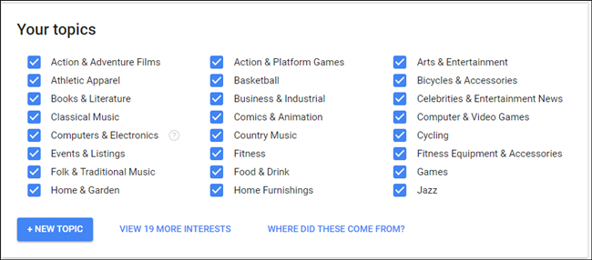 Секция Ваши темы с интересами для рекламы