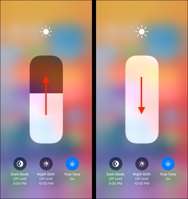 Расширенное меню яркости с больши́м ползунком и опциями темной темы и Night Shift