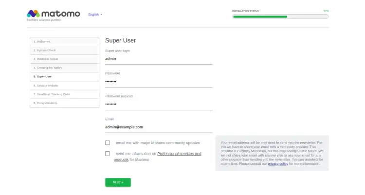Создание аккаунта администратора Matomo