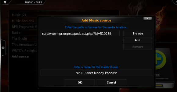 Скриншот: добавление источника RSS в XBMC