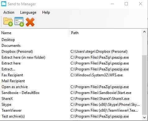Окно Send to Manager с настройками пунктов меню «Отправить»