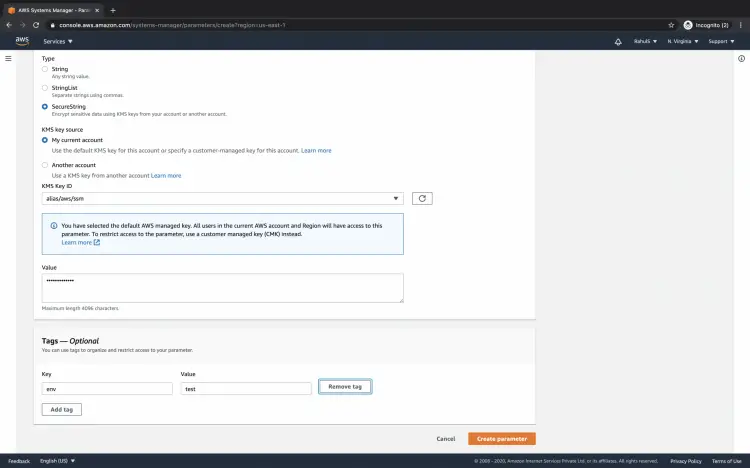 Форма создания параметра — поле значения и теги
