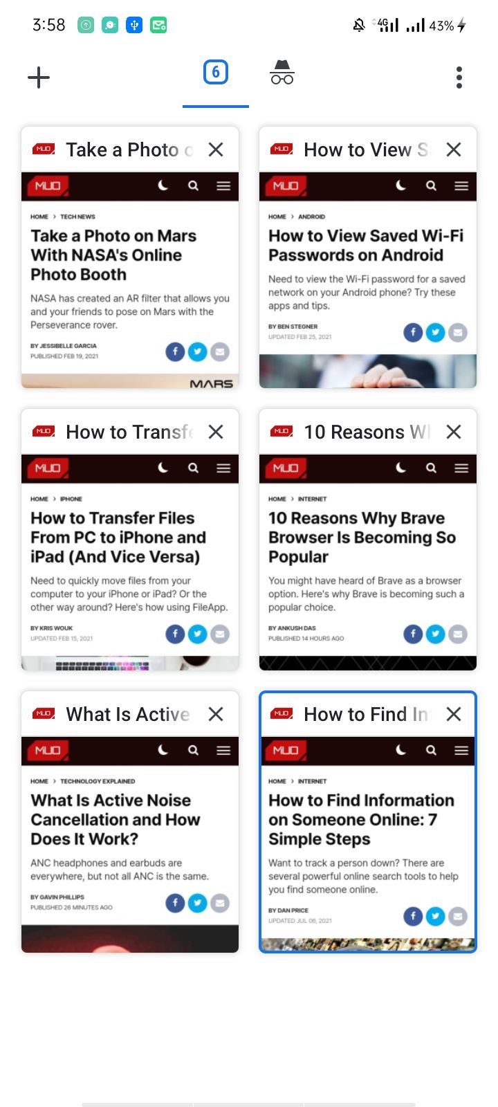 Список открытых вкладок в области переключателя вкладок Chrome