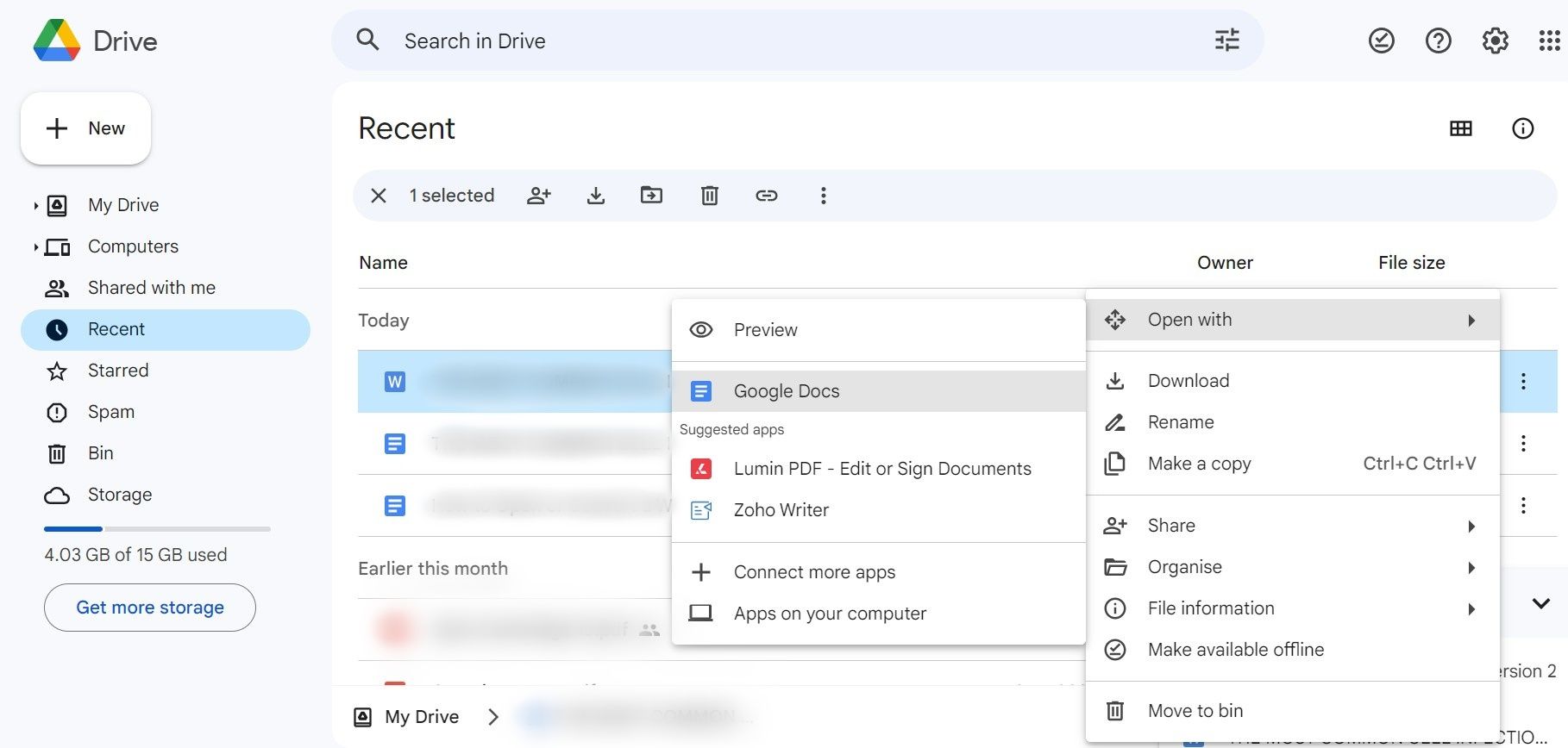 Открытие файла Word из Google Drive в Google Docs через пункт «Открыть с помощью»