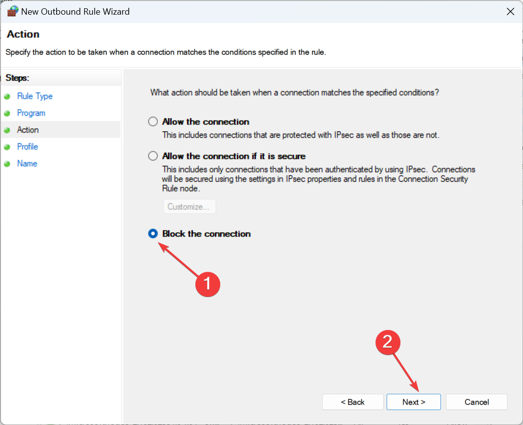 Опция блокировки подключения в правиле