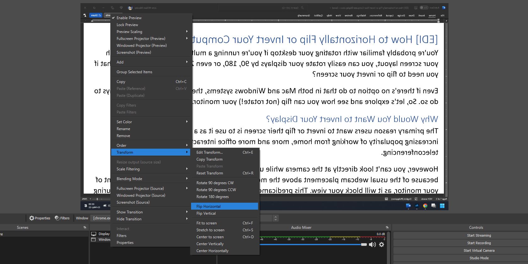Flip Screen Horizontally on OBS Studio