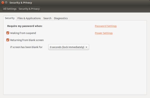 Раздел 'Безопасность и конфиденциальность' в Ubuntu — вкладка 'Поиск' с переключателем