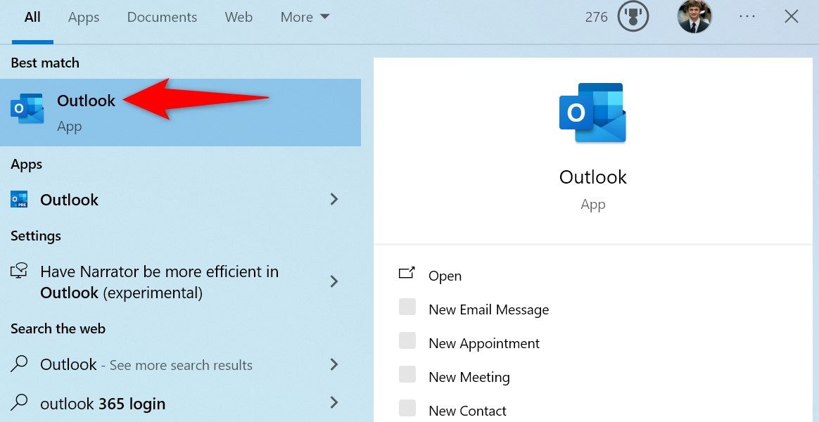 Outlook выделен в меню Пуск