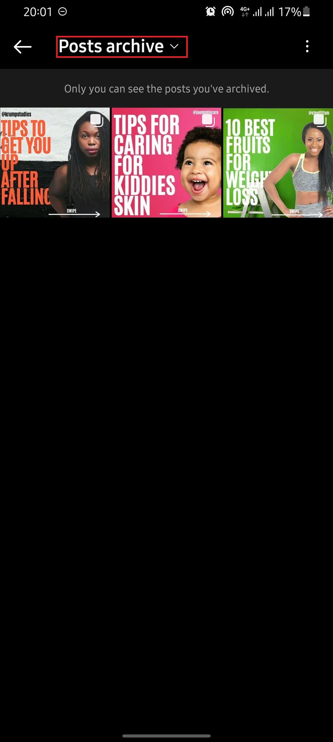 Скриншот: архивированные публикации в Instagram