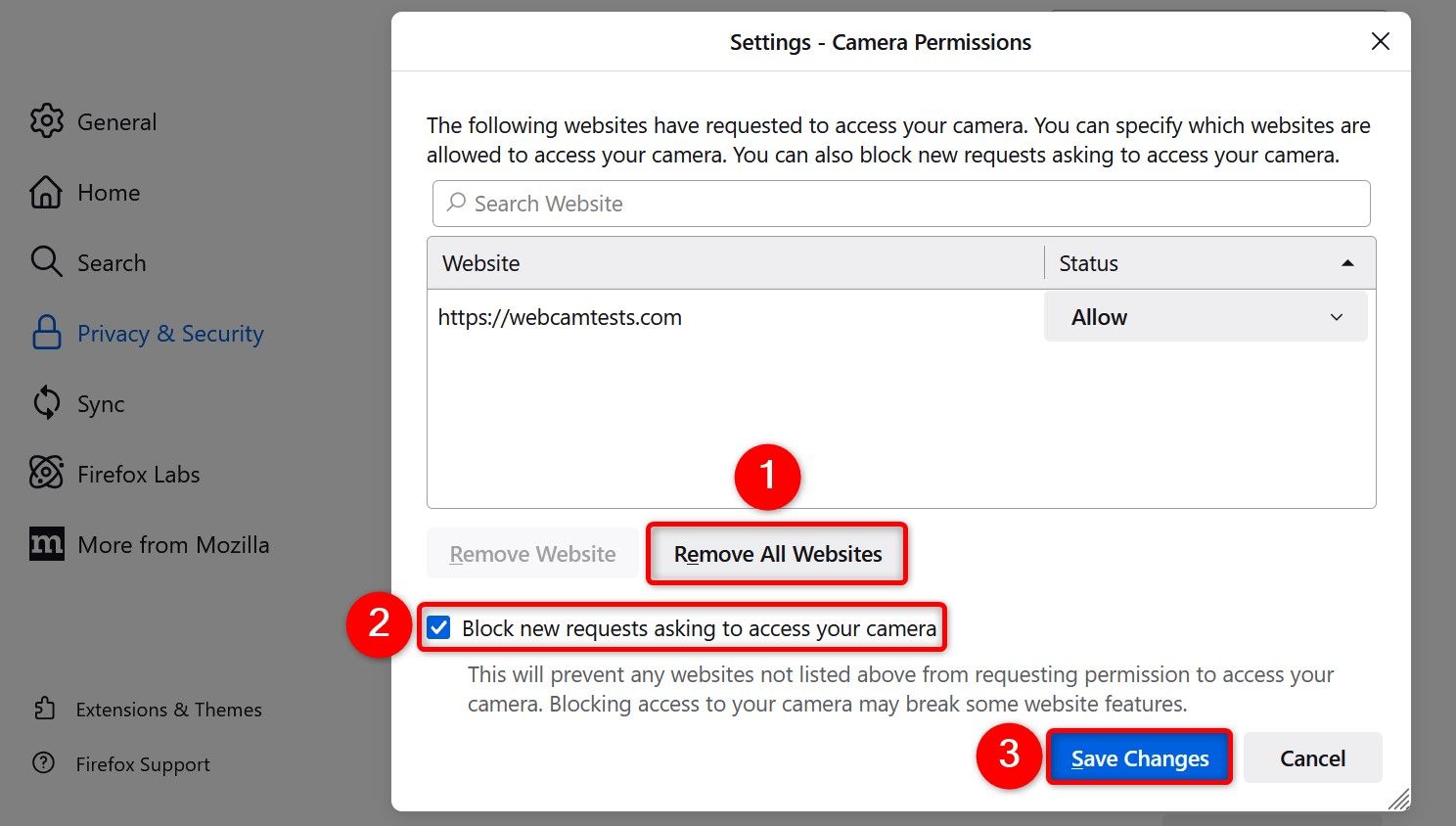 В настройках Firefox выделены опции удаления сайтов и блокировки запросов к камере.