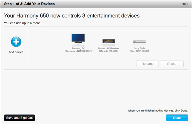 Список добавленных устройств в MyHarmony