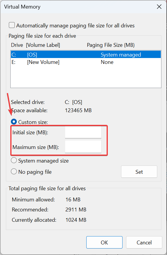 Настройка размера файла подкачки в мегабайтах