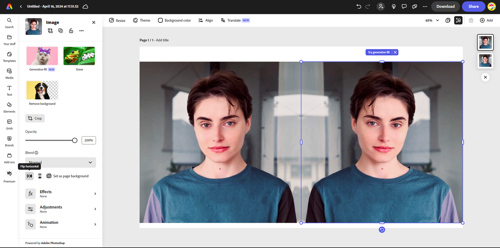 Отражение изображения по горизонтали в Adobe Express