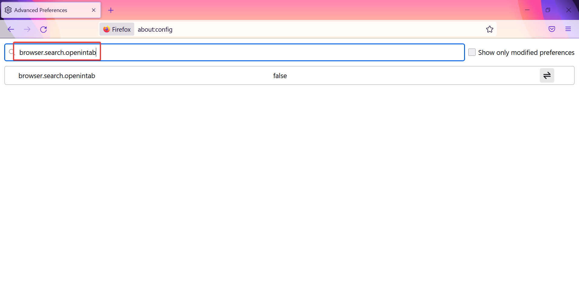 Поиск настройки browser.search.openintab