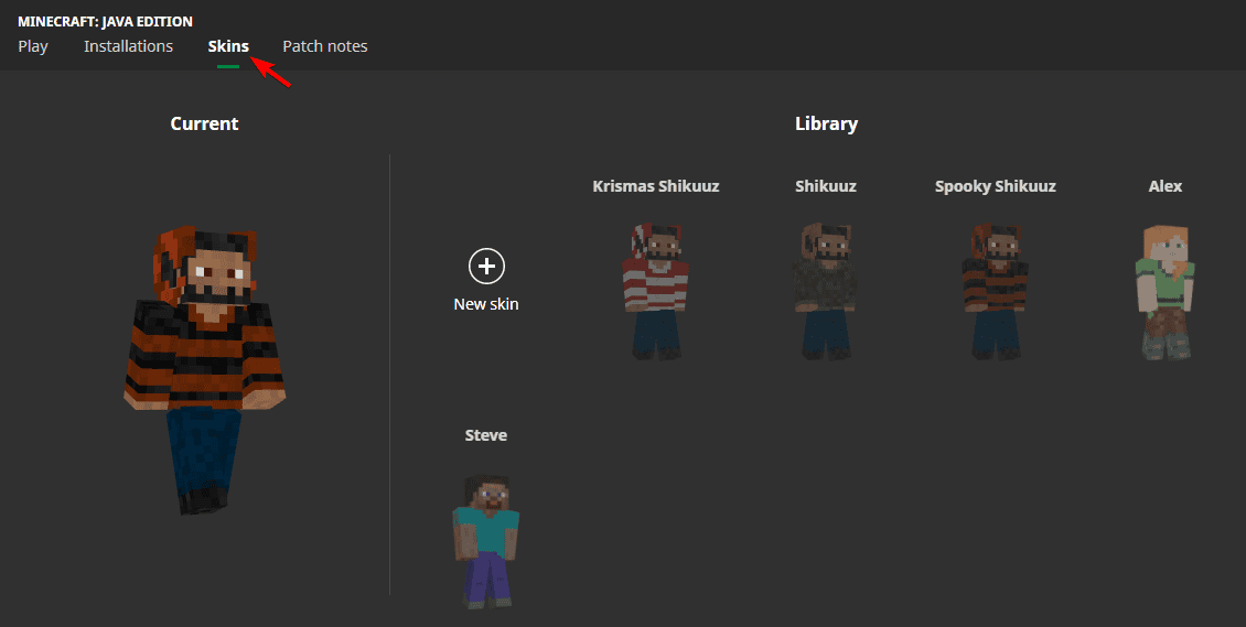 Меню скинов в лаунчере Minecraft