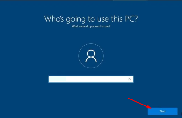 Экран 'Who’s going to use this PC' — ввод имени пользователя