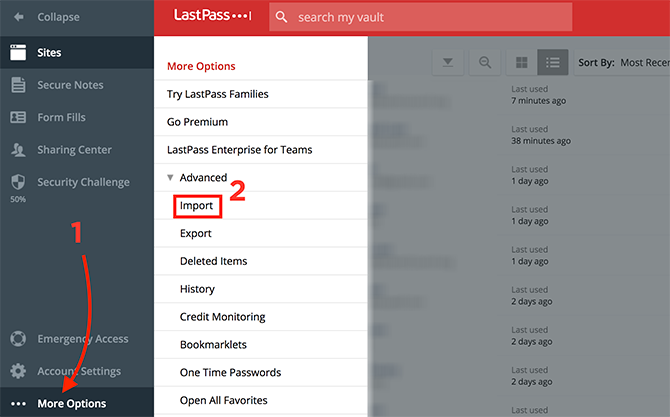 Импорт в LastPass — меню Import
