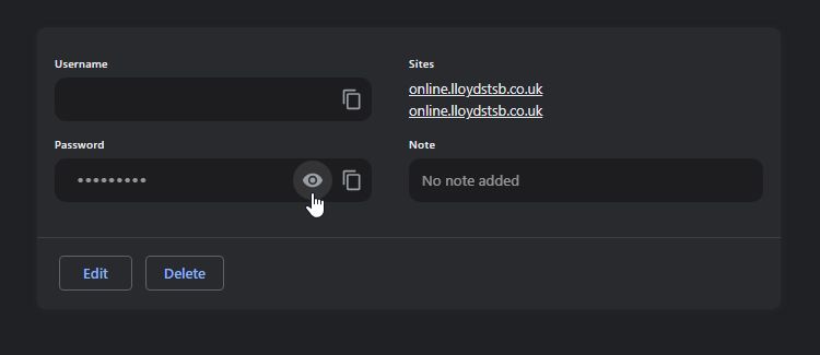 Нажатие значка глаза в менеджере паролей Chrome