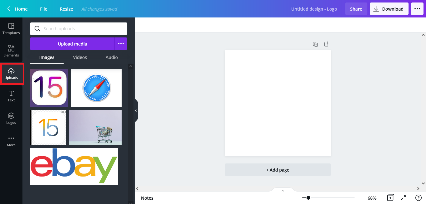 Загрузка логотипа в Canva через Uploads