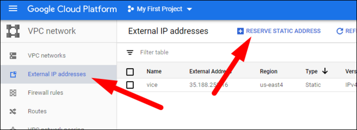 Сетевые настройки проекта GCP — раздел External IP Addresses.