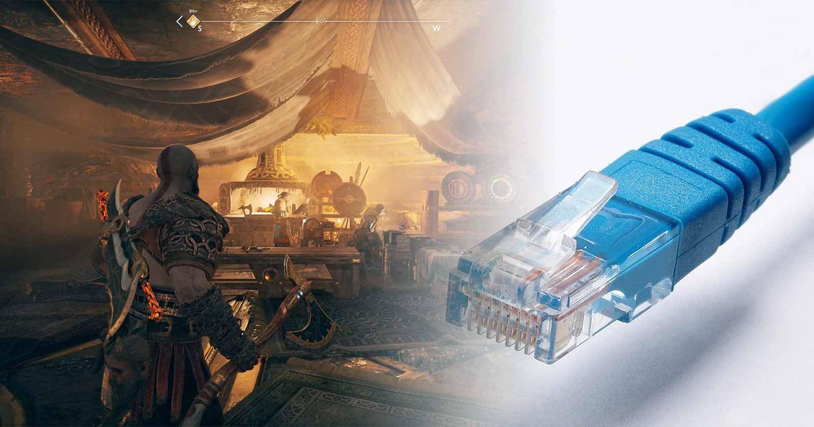 Скриншоты God of War рядом с сетевым Ethernet‑кабелем