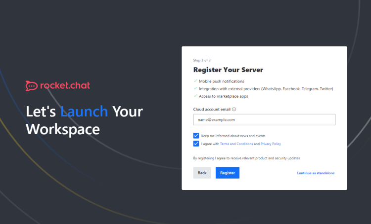 Регистрация в Rocket.Chat Cloud или продолжение автономно