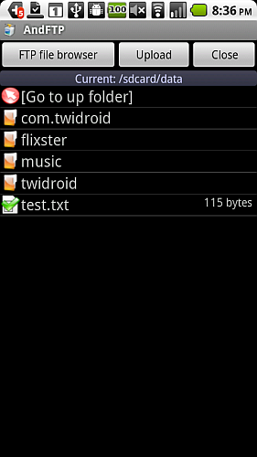 Экран мобильного FTP клиента во время загрузки файла на сервер