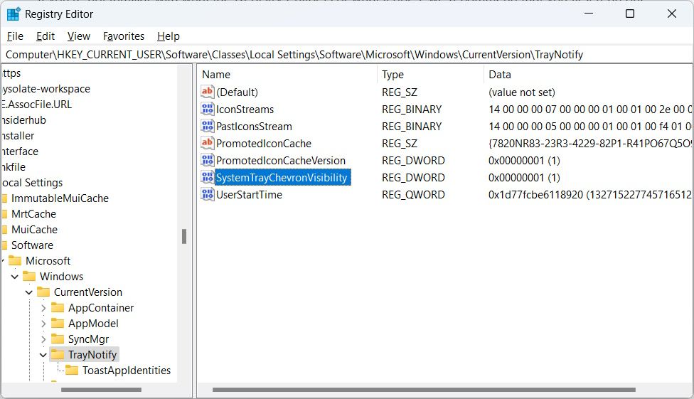 Значение SystemTrayChevronVisibility в Редакторе реестра Windows
