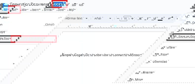 Превращение загруженного файла .docx в нативный Google Doc через команду сохранения.