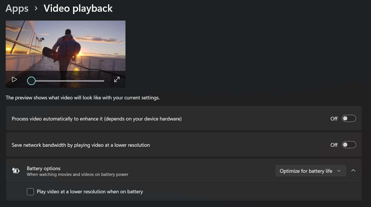 Параметры воспроизведения видео в Windows 11