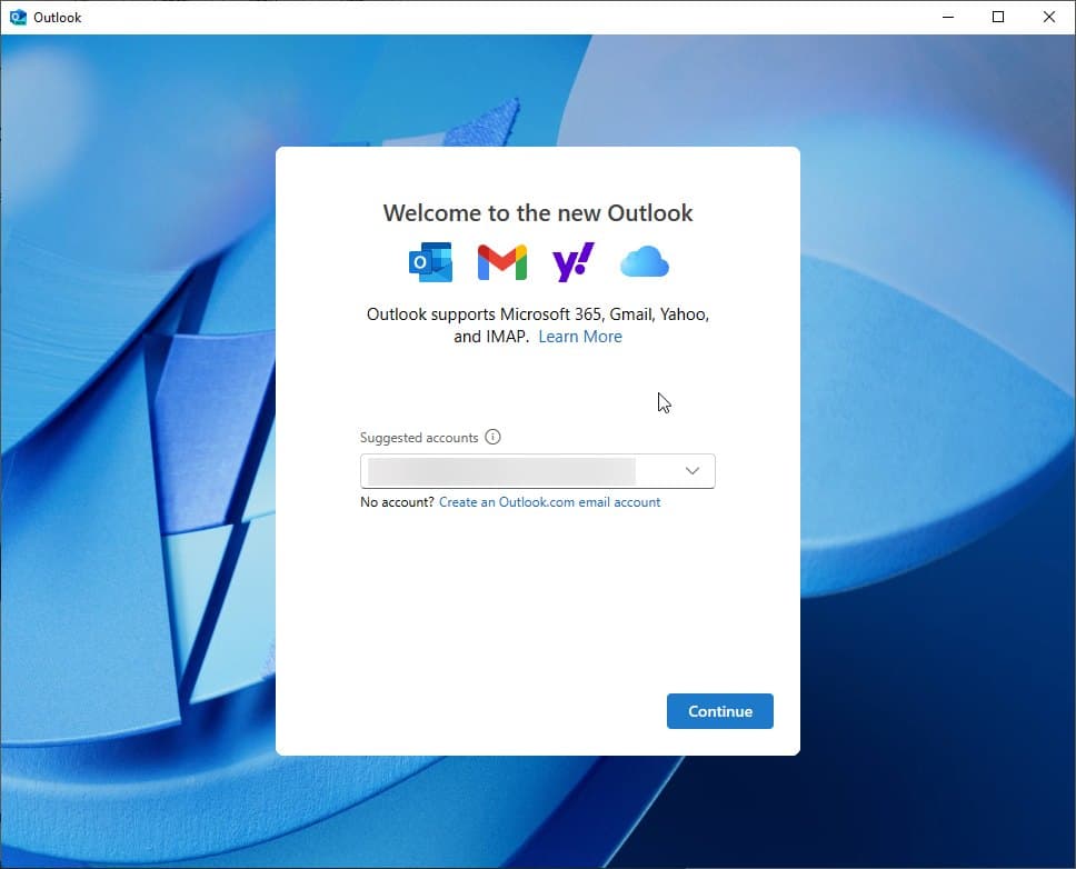 Schermata login nuovo account in Outlook