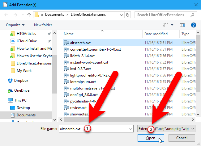 Диалог добавления расширений