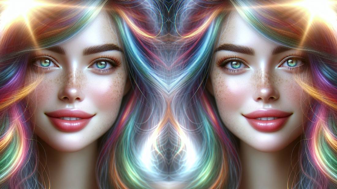 Зеркальное художественное портретное изображение женщины с яркими волосами