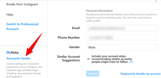 Выберите «Центр аккаунтов» в настройках.