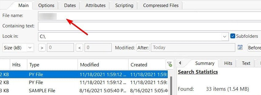Поле поиска имени файла в Agent Ransack